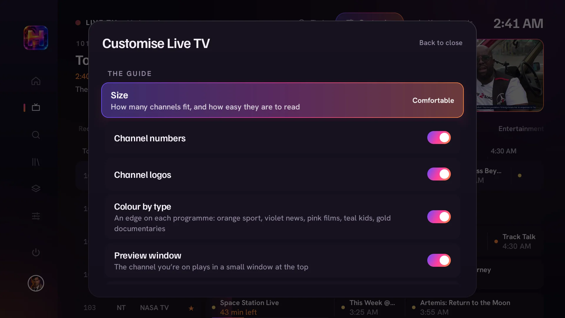 Customise Live TV: guide size, channel numbers, channel logos, colour by type and the preview window