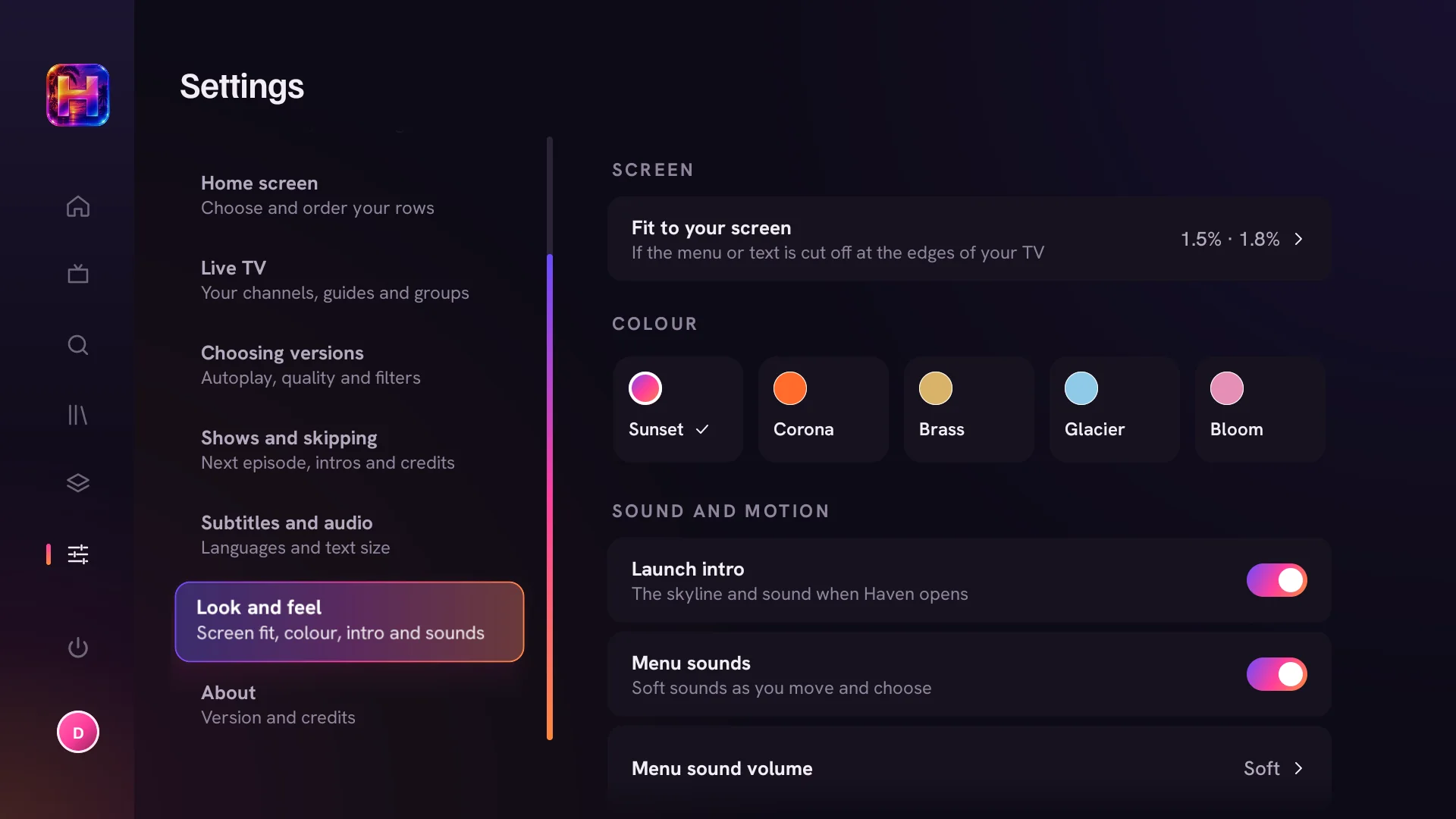 Look and feel settings: fit to screen, five colours, launch intro and menu sounds