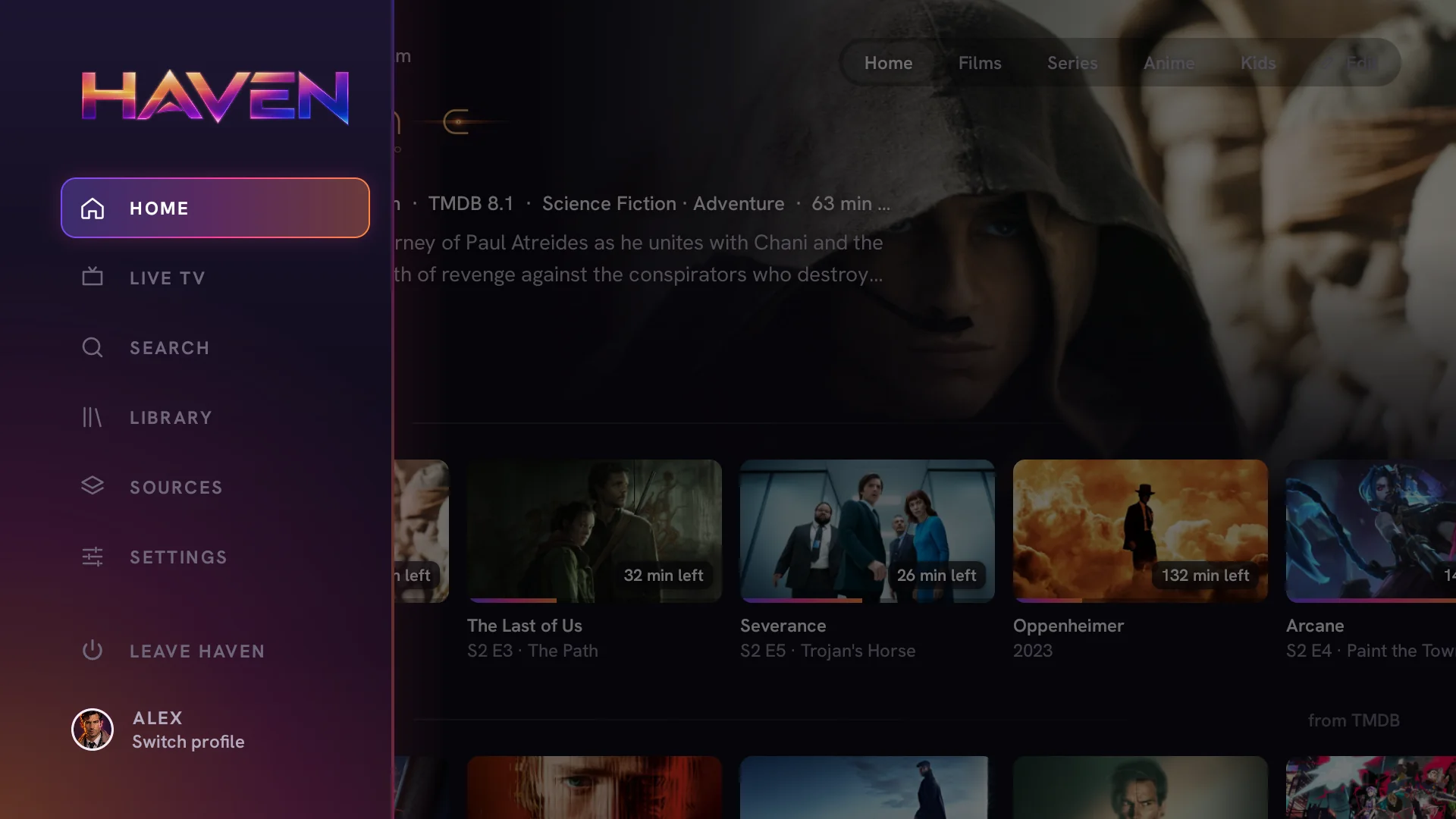 Haven's menu open over the home screen: Home, Live TV, Search, Library, Sources and Settings, with the profile at the bottom