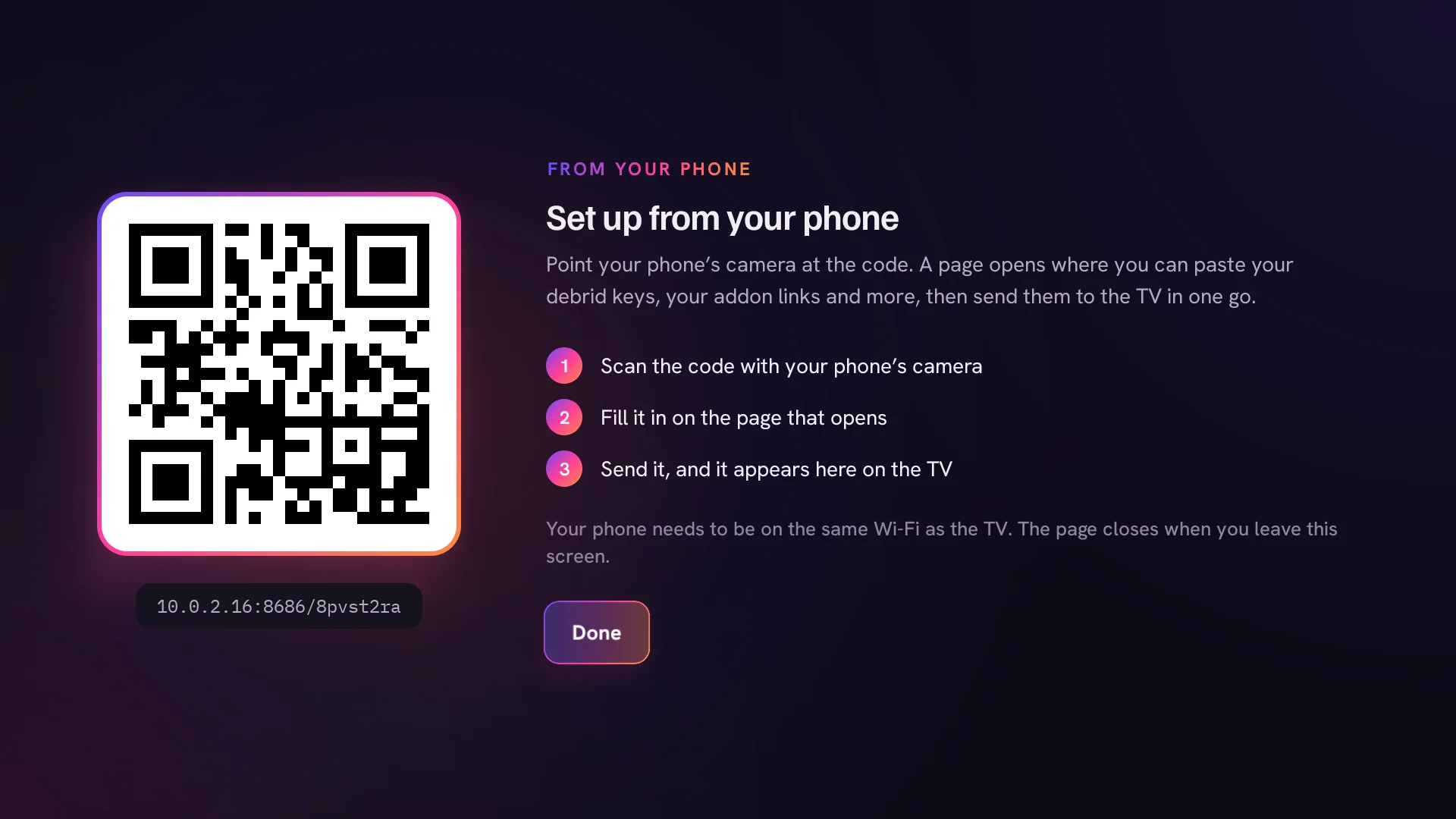 Set up from your phone: a QR code that opens a page for pasting addon links and keys