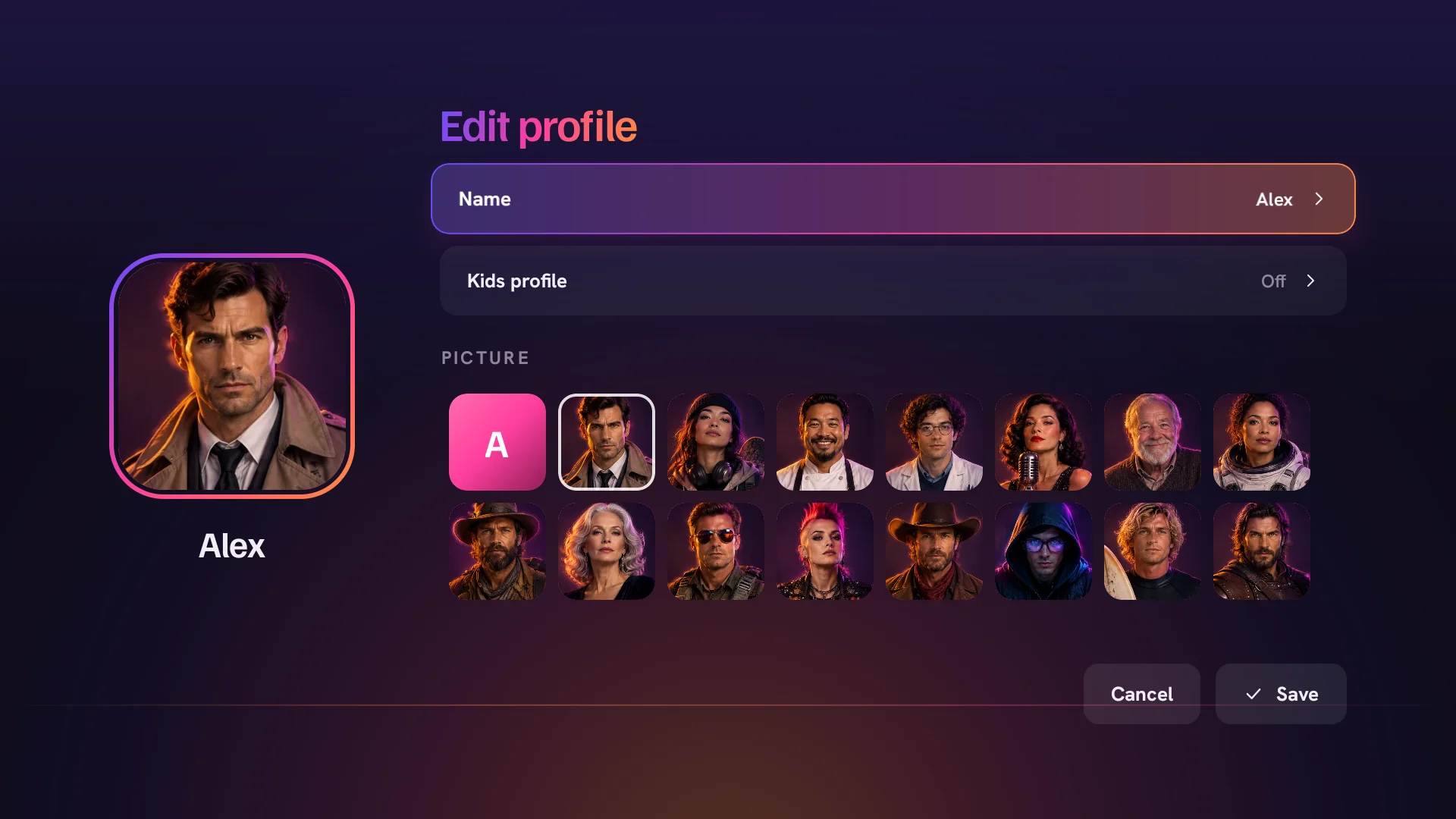 Edit profile: a name, a Kids profile switch and a choice of pictures