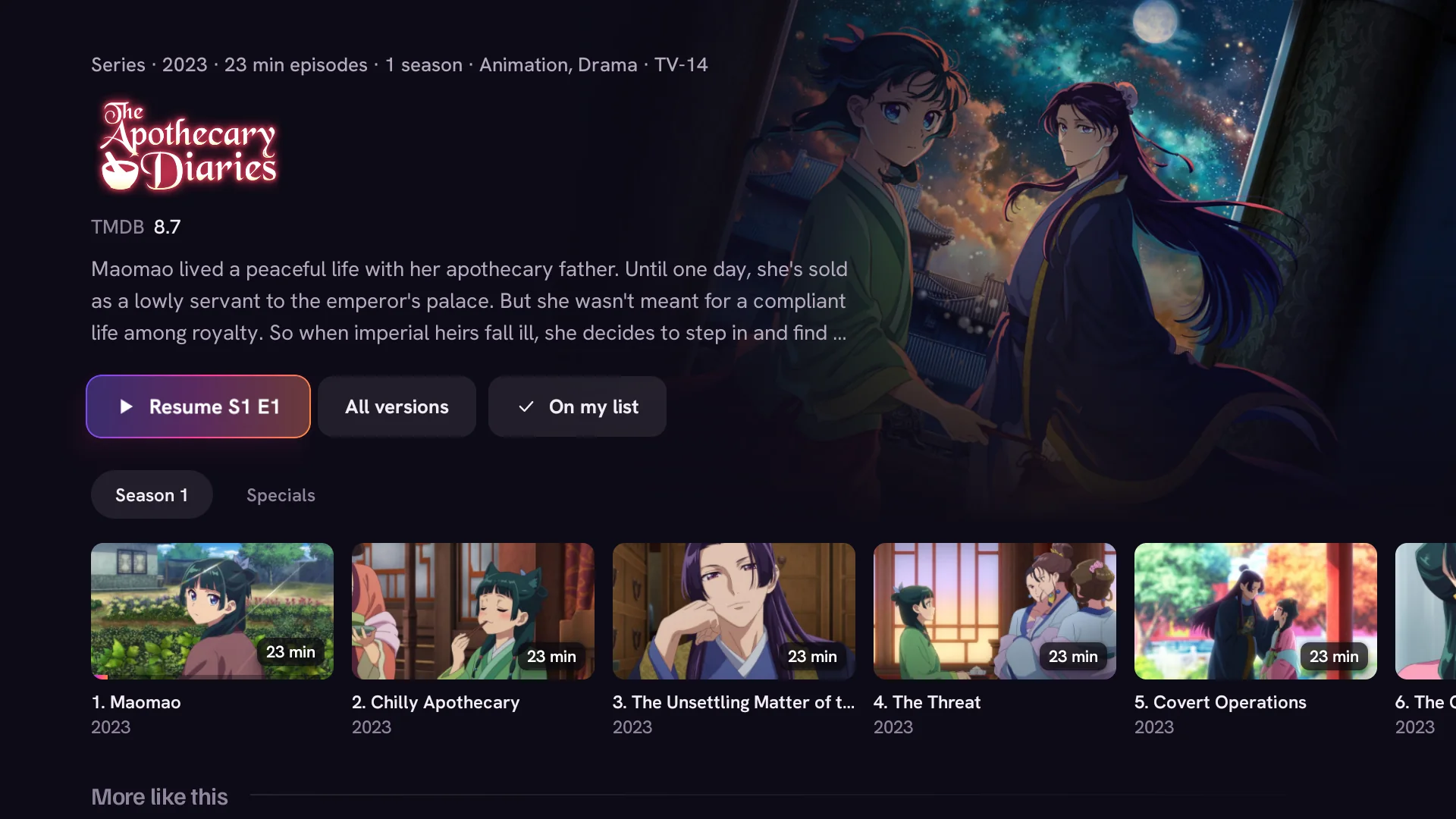 A series page with its title art, a Resume button, season tabs and a row of episodes with progress