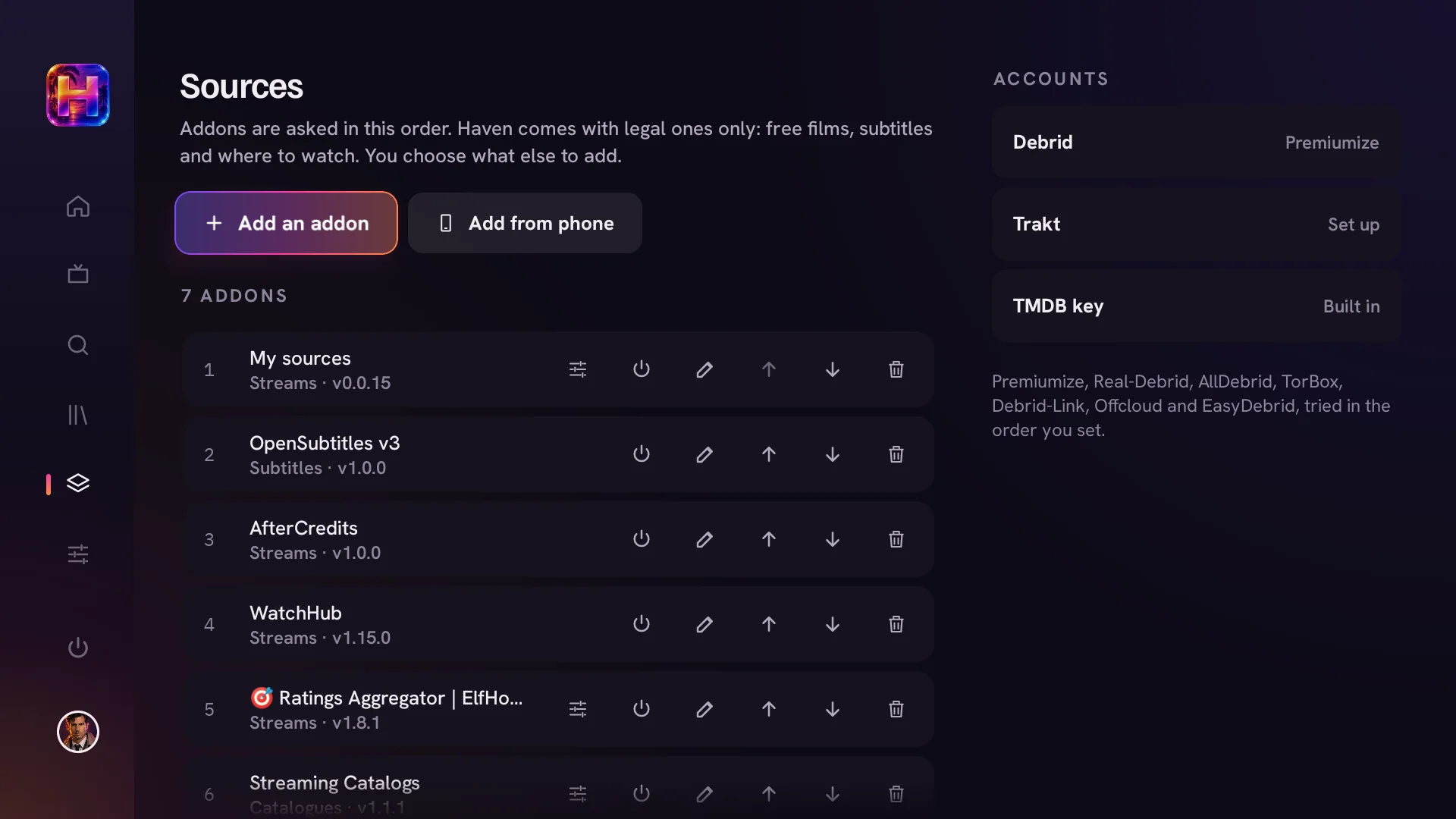 The Sources screen: Add an addon and Add from phone buttons, a numbered list of addons with turn off, edit, move and remove buttons, and accounts on the right