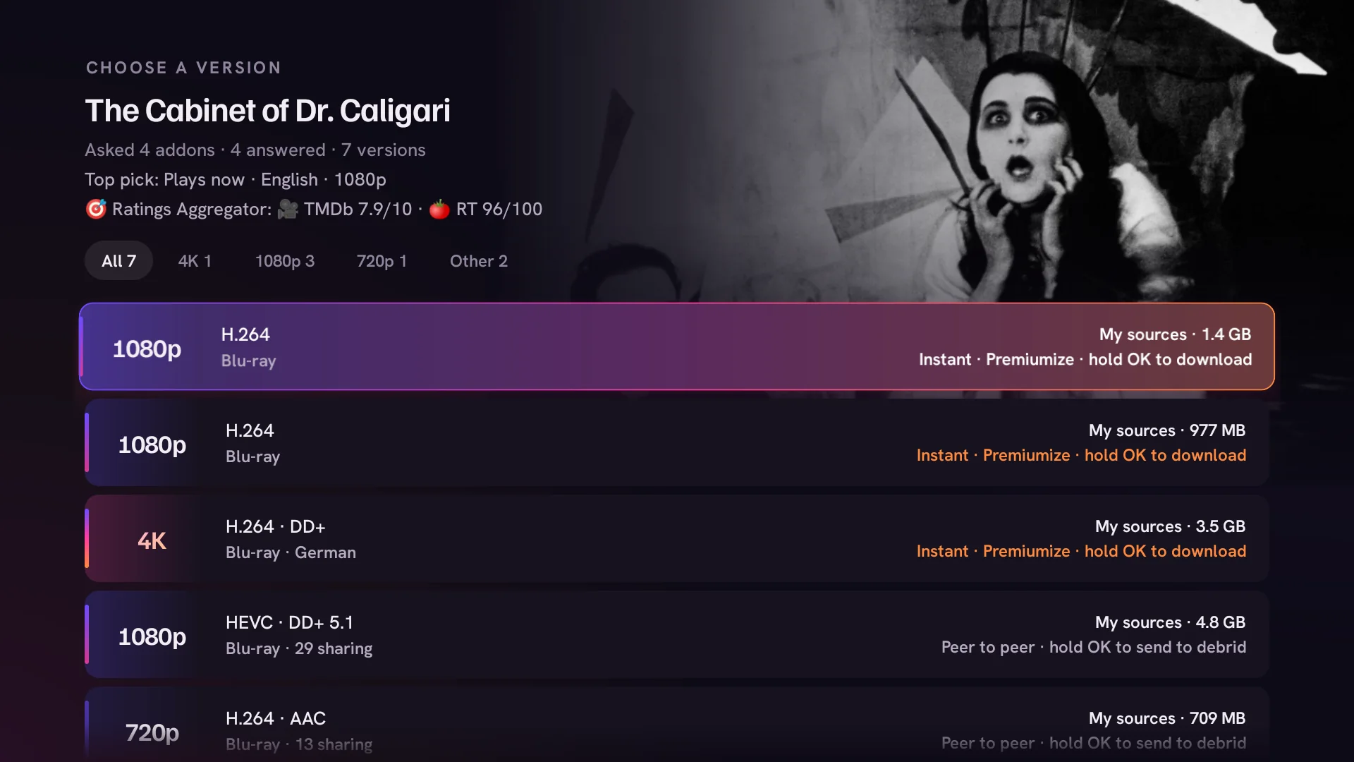 Choosing a version of The Cabinet of Dr. Caligari, a public domain film: its backdrop top right, filters for 4K, 1080p and 720p, and a list of versions with quality, size and an Instant label