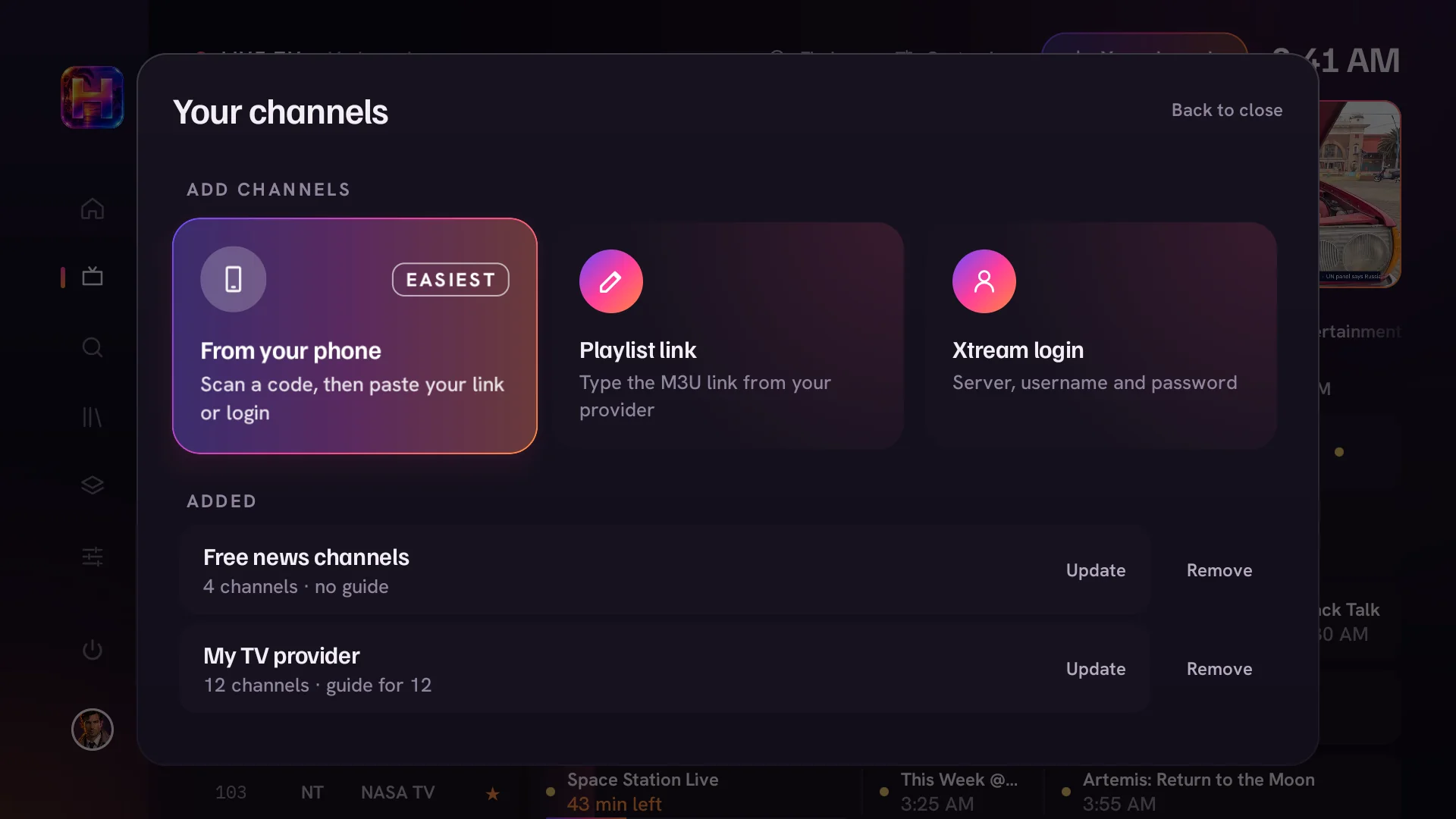 Your channels: add a provider from your phone, with a playlist link or with an Xtream login